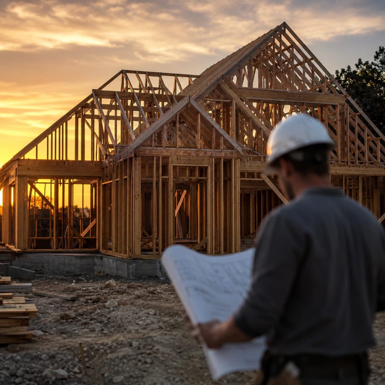Builder reviewing blueprints in front of a custom home mid-framing at sunset