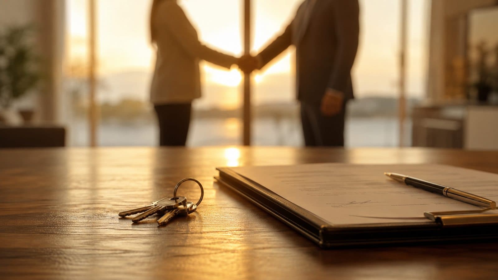 House keys and a signed contract on a closing table, two people shaking hands in the background