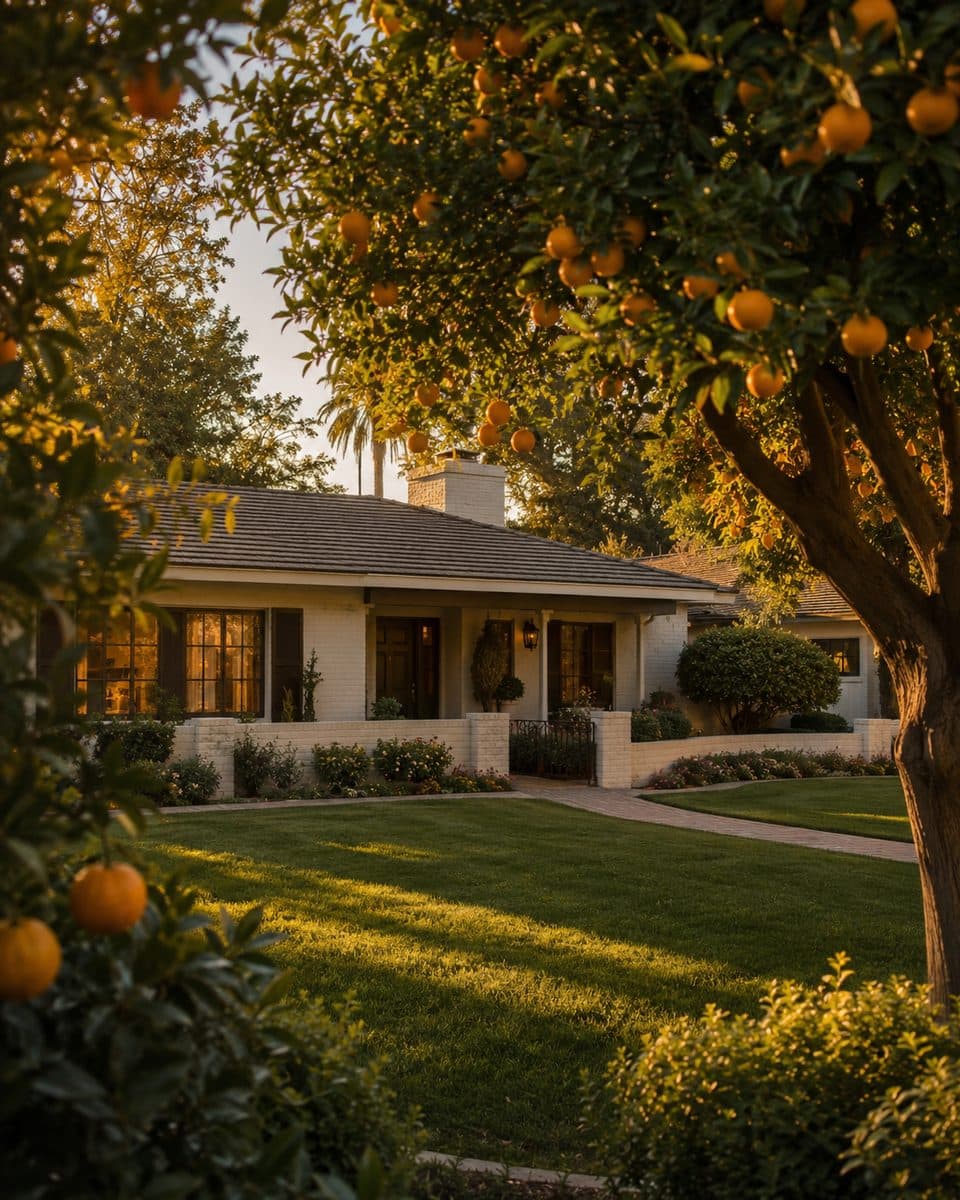 Arcadia ranch home framed by citrus trees in golden light