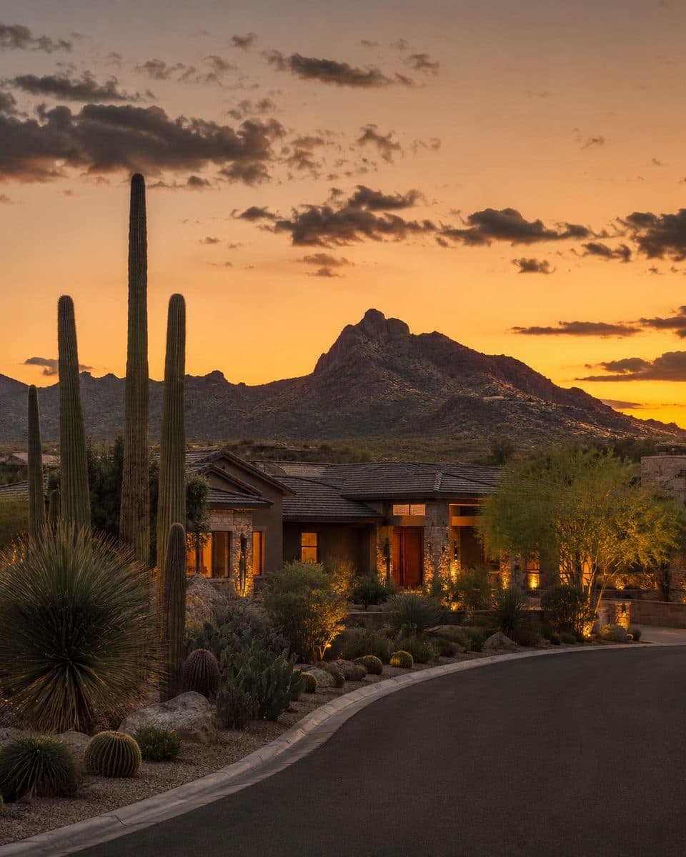 Paradise Valley estate street at dusk with Camelback Mountain behind