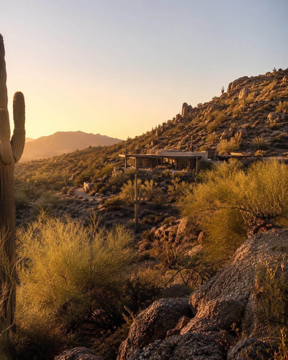 Modern desert home in the North Scottsdale foothills at sunset