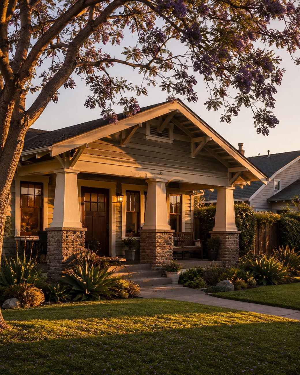 Craftsman bungalow under a jacaranda tree in a historic San Diego neighborhood