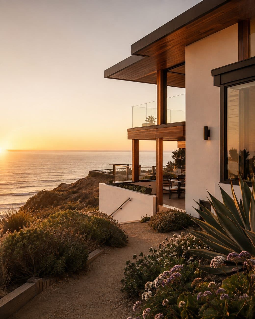 Modern coastal home above the bluff in Del Mar at golden hour