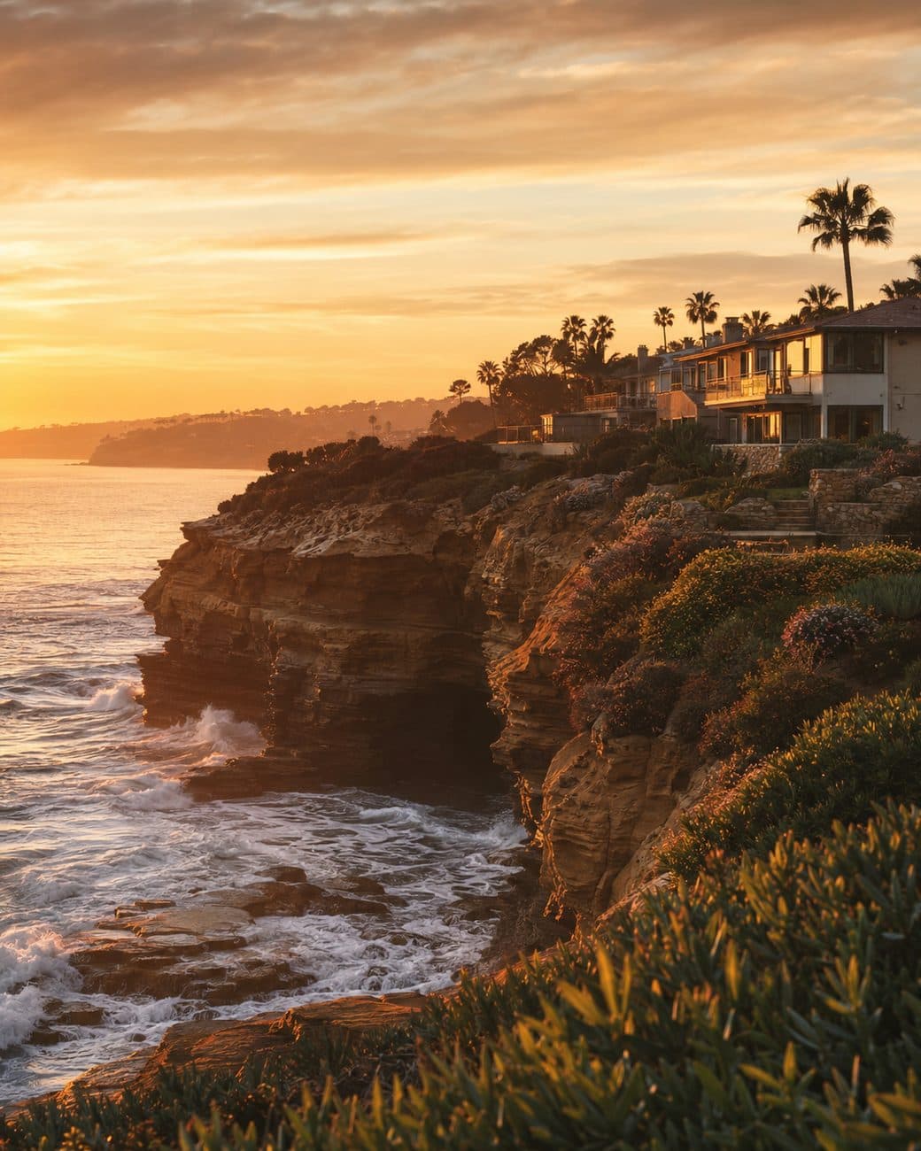 La Jolla sandstone cliffs and coastal homes at sunset