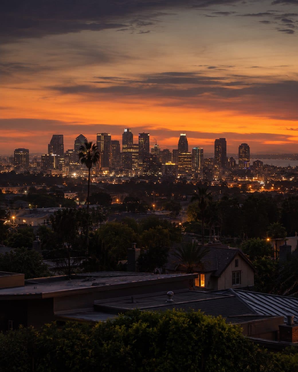 Downtown San Diego skyline at dusk seen from a residential hillside